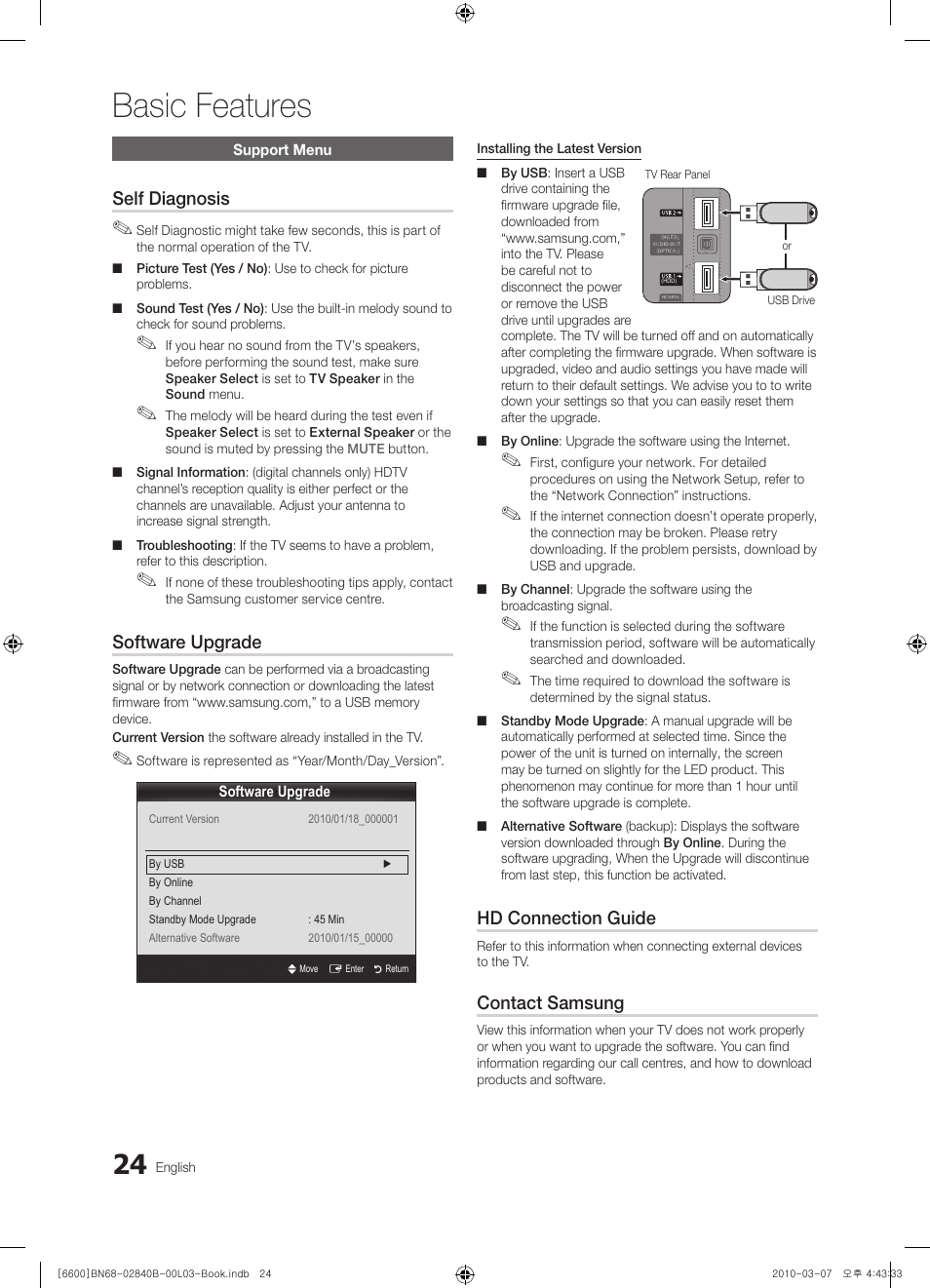 Basic features, Self diagnosis, Software upgrade | Hd connection guide, Contact samsung | Samsung UE32C6600UP User Manual | Page 24 / 181