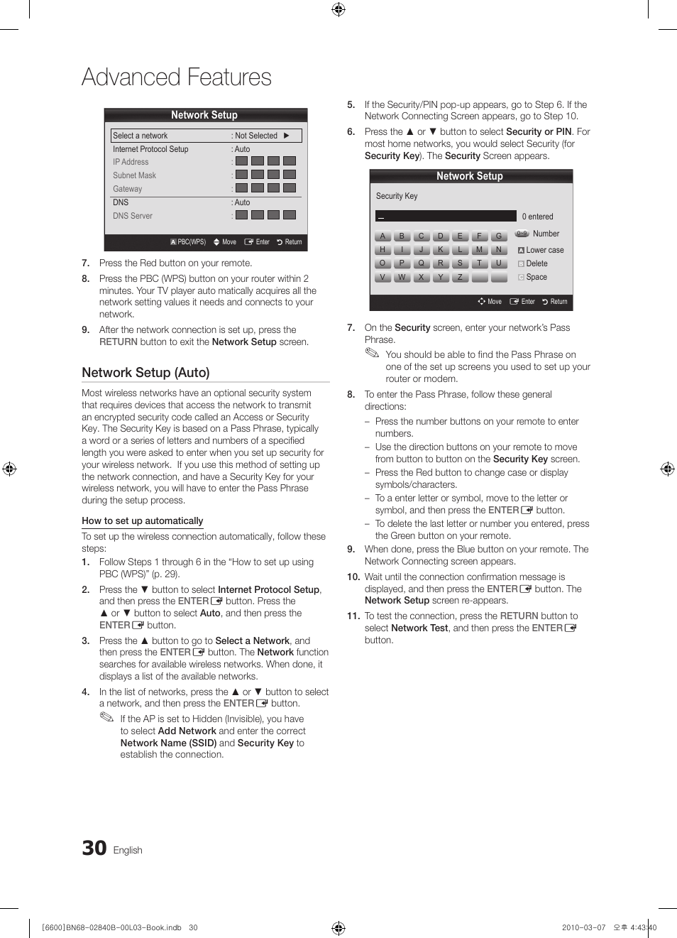 Advanced features, Network setup (auto) | Samsung UE32C6600UP User Manual | Page 30 / 181