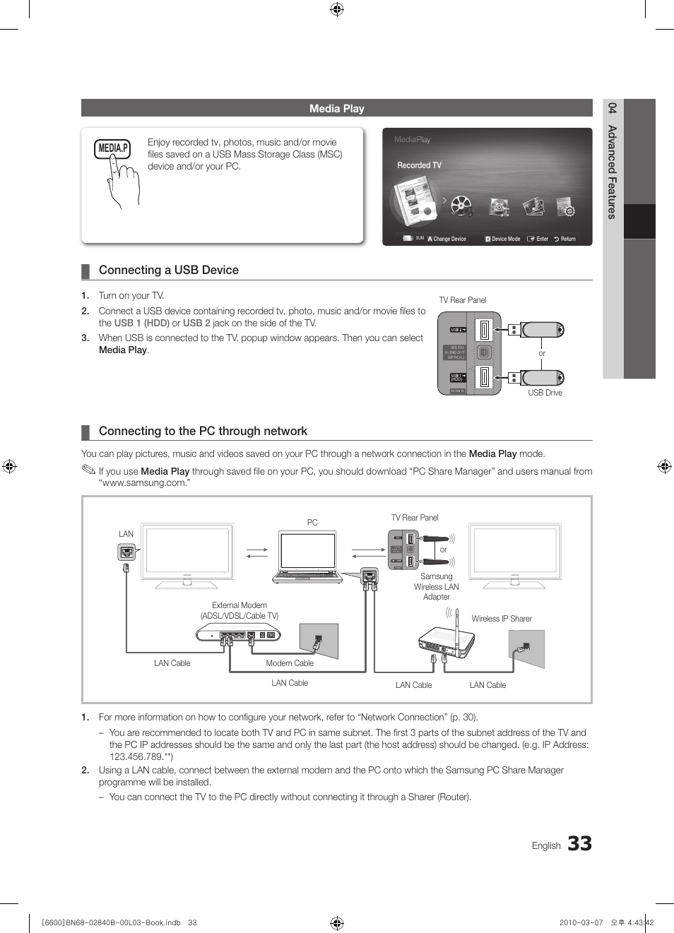 Connecting a usb device, Connecting to the pc through network | Samsung UE32C6600UP User Manual | Page 33 / 181