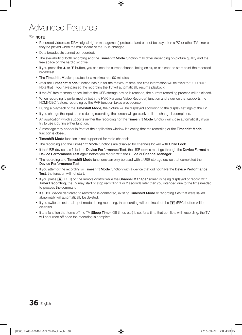 Advanced features | Samsung UE32C6600UP User Manual | Page 36 / 181