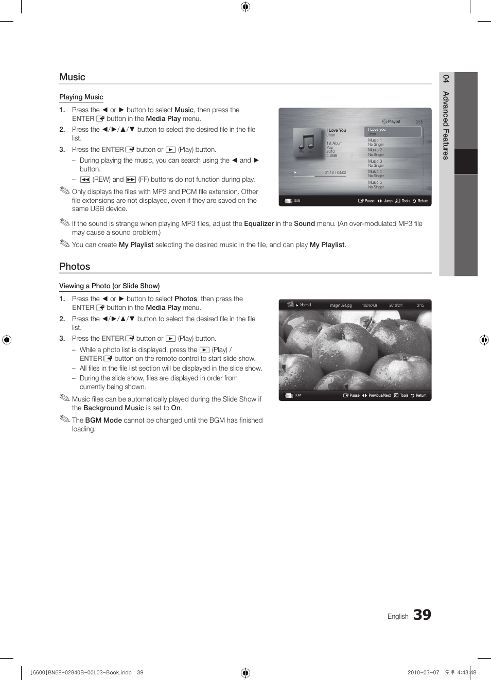 Music, Photos | Samsung UE32C6600UP User Manual | Page 39 / 181