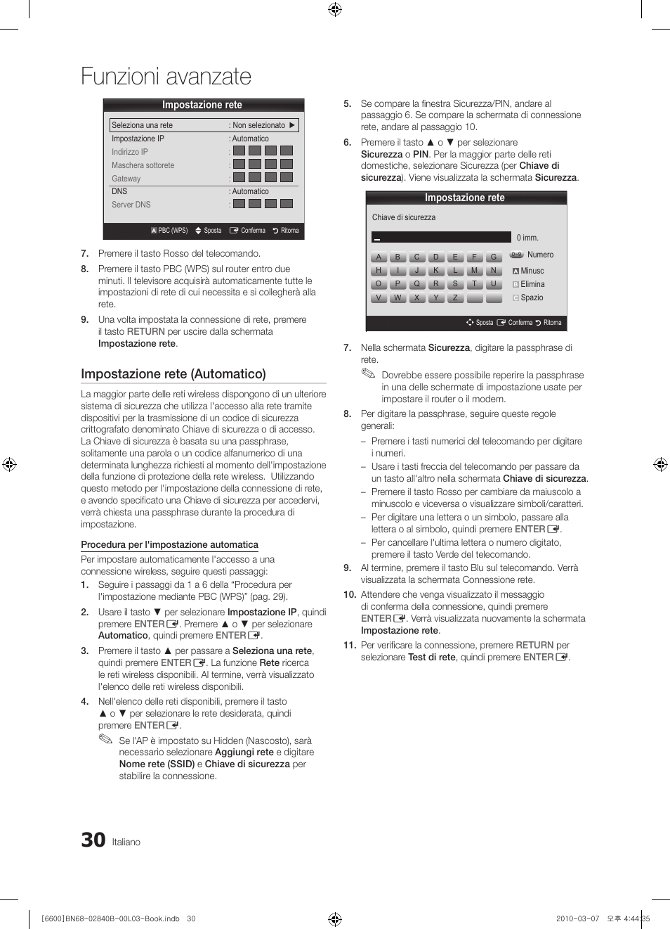 Funzioni avanzate, Impostazione rete (automatico) | Samsung UE32C6600UP User Manual | Page 90 / 181