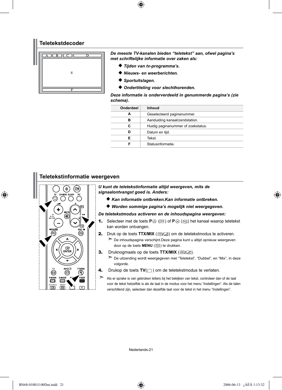 Teletekstdecoder, Teletekstinformatie weergeven | Samsung LE32S71B User Manual | Page 101 / 187