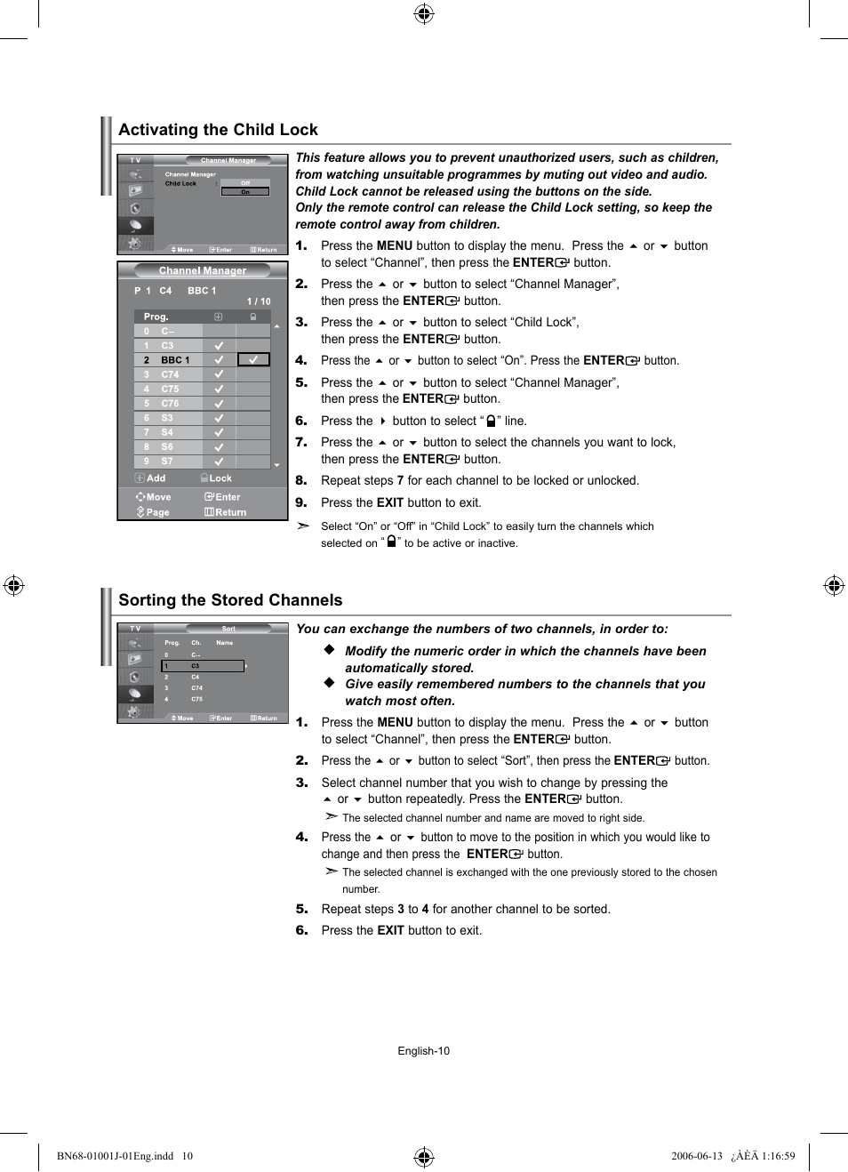 Activating the child lock, Sorting the stored channels | Samsung LE32S71B User Manual | Page 12 / 187