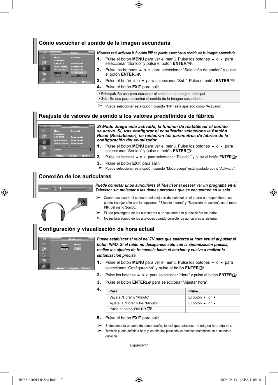 Cómo escuchar el sonido de la imagen secundaria, Conexión de los auriculares | Samsung LE32S71B User Manual | Page 123 / 187