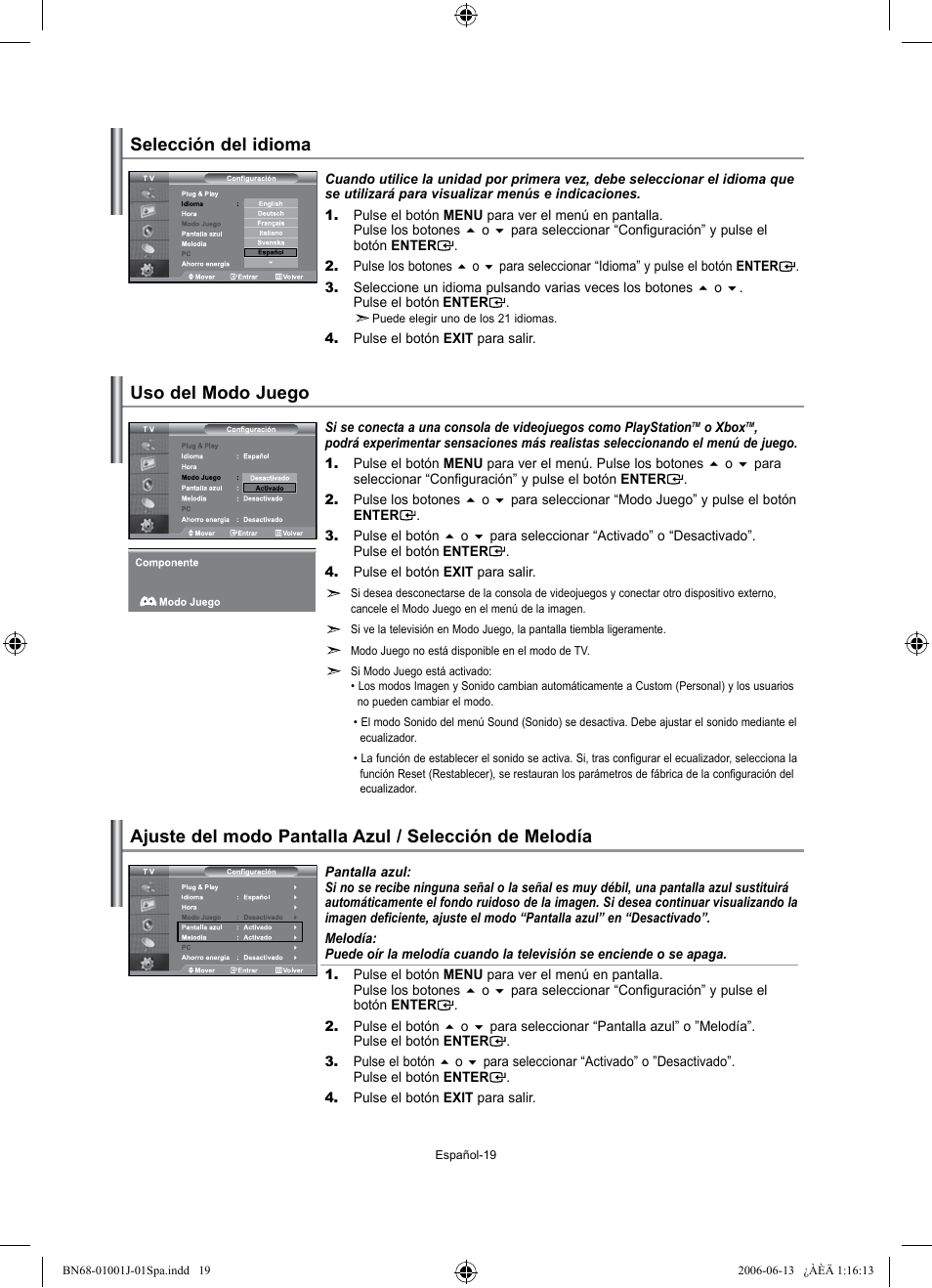 Selección del idioma, Uso del modo juego | Samsung LE32S71B User Manual | Page 125 / 187