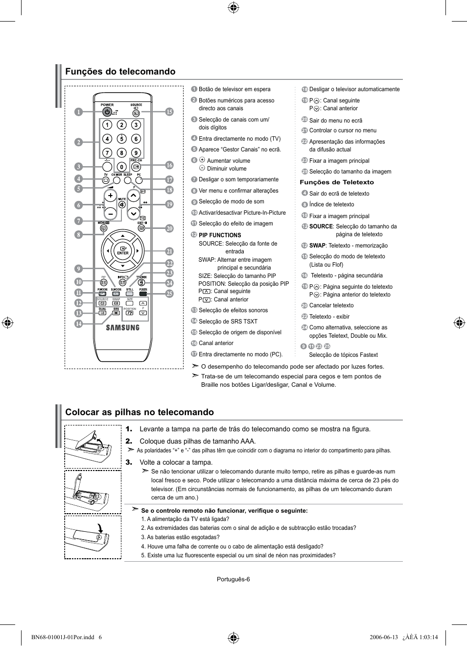 Colocar as pilhas no telecomando, Funções do telecomando | Samsung LE32S71B User Manual | Page 138 / 187