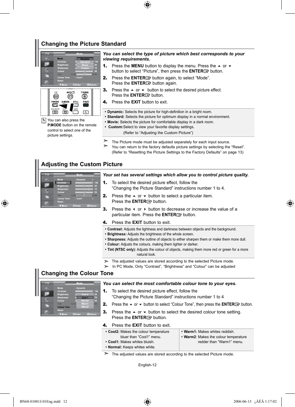 Setting the picture, Changing the picture standard, Adjusting the custom picture | Changing the colour tone | Samsung LE32S71B User Manual | Page 14 / 187