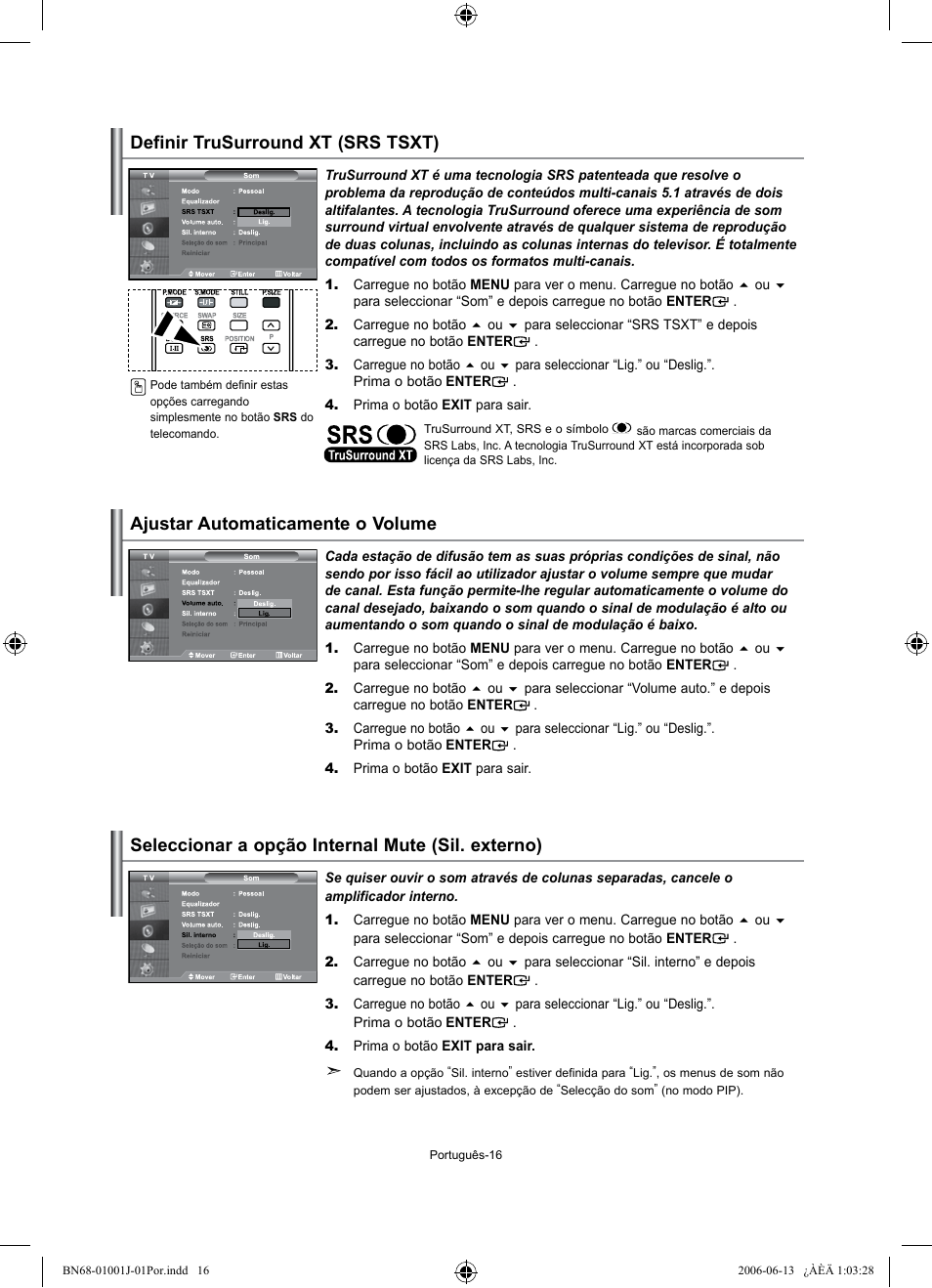 Definir trusurround xt (srs tsxt), Ajustar automaticamente o volume, Seleccionar a opção internal mute (sil. externo) | Samsung LE32S71B User Manual | Page 148 / 187