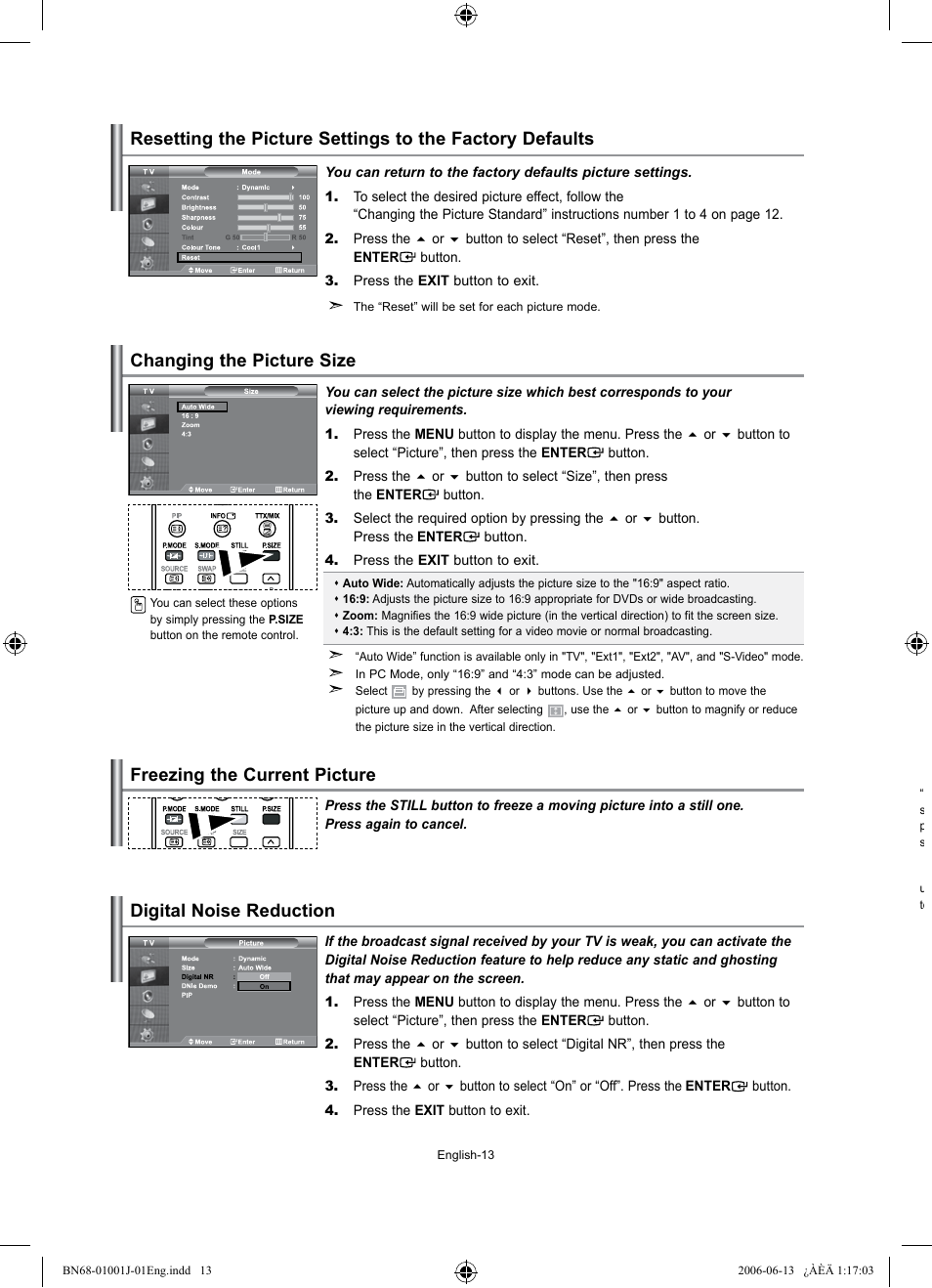 Changing the picture size, Freezing the current picture, Digital noise reduction | Samsung LE32S71B User Manual | Page 15 / 187