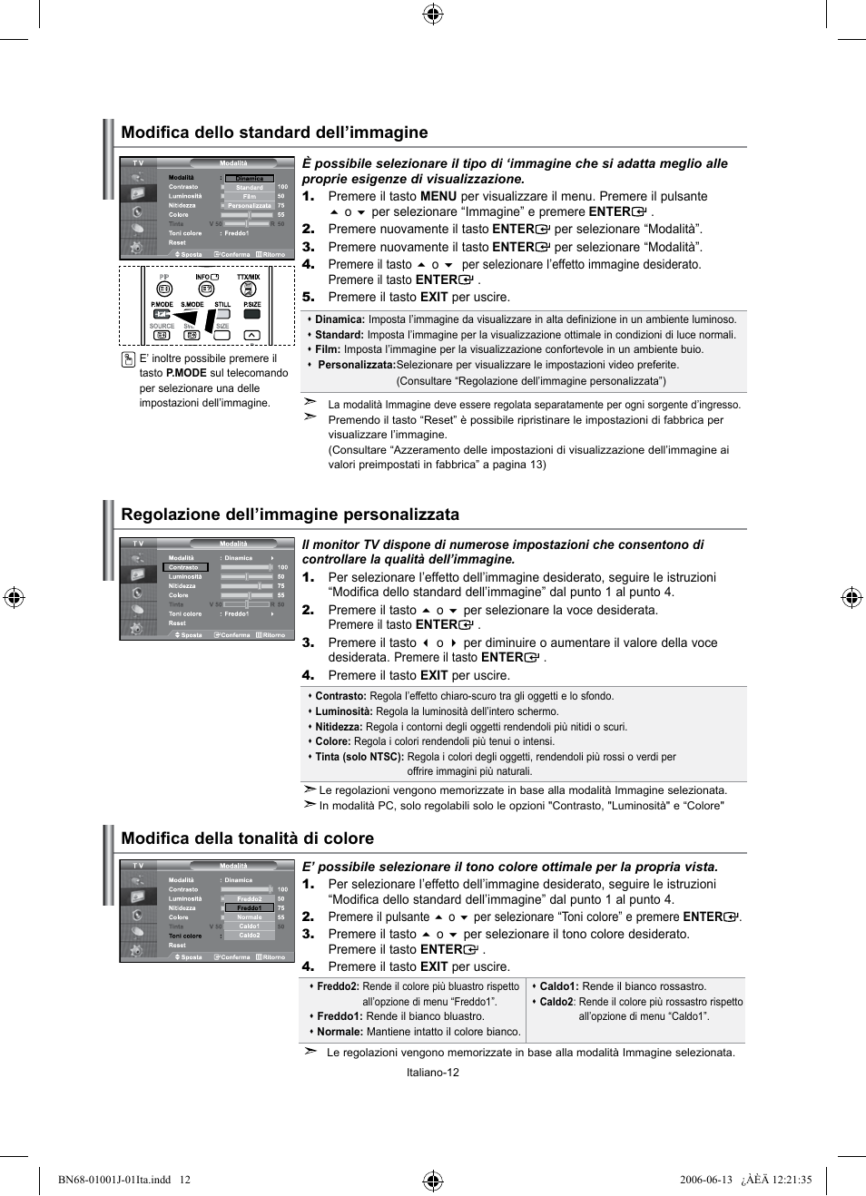 Modifica dello standard dell’immagine, Regolazione dell’immagine personalizzata, Modifica della tonalità di colore | Samsung LE32S71B User Manual | Page 170 / 187