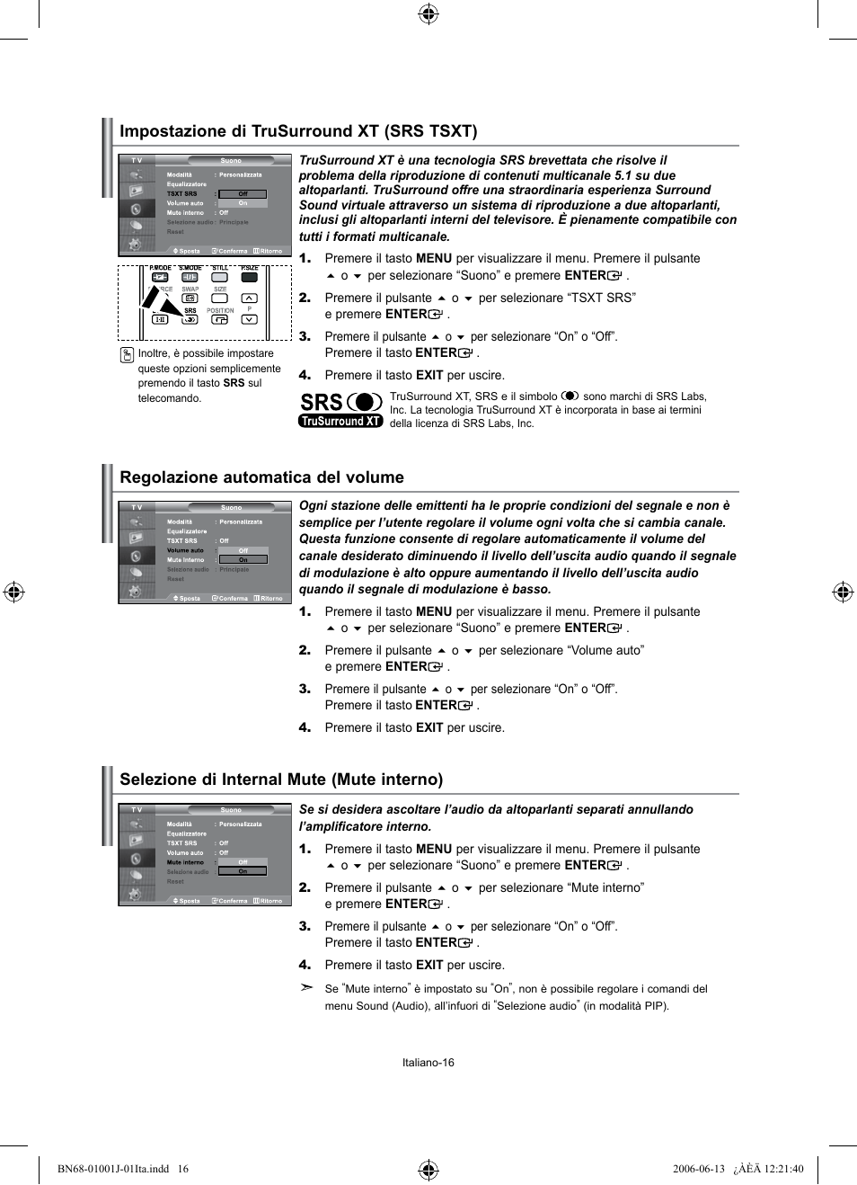 Impostazione di trusurround xt (srs tsxt), Regolazione automatica del volume, Selezione di internal mute (mute interno) | Samsung LE32S71B User Manual | Page 174 / 187
