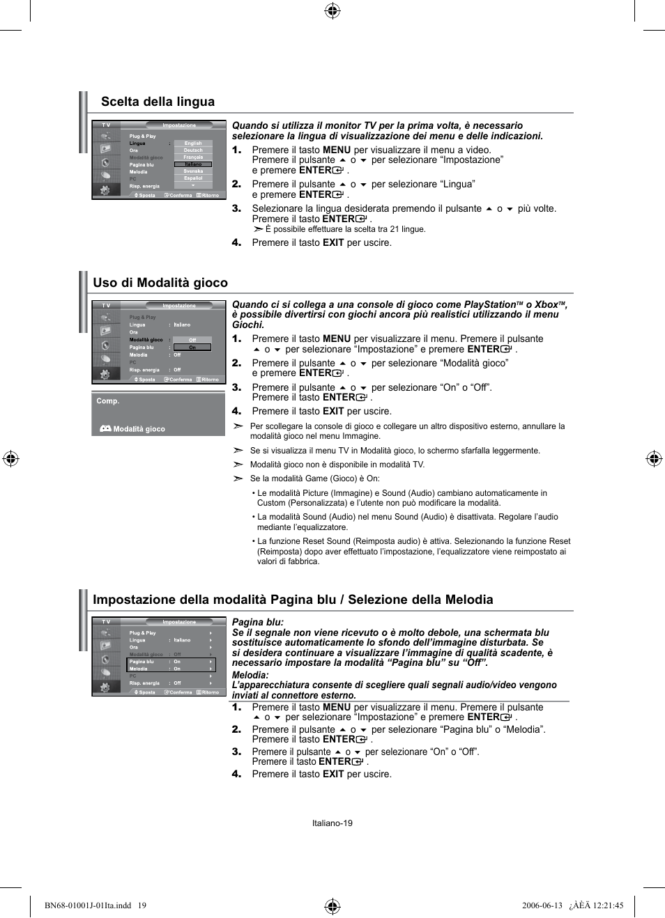 Scelta della lingua, Uso di modalità gioco | Samsung LE32S71B User Manual | Page 177 / 187