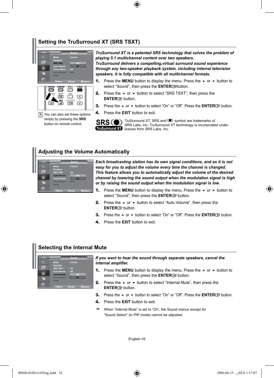 Setting the trusurround xt (srs tsxt), Adjusting the volume automatically, Selecting the internal mute | Samsung LE32S71B User Manual | Page 18 / 187
