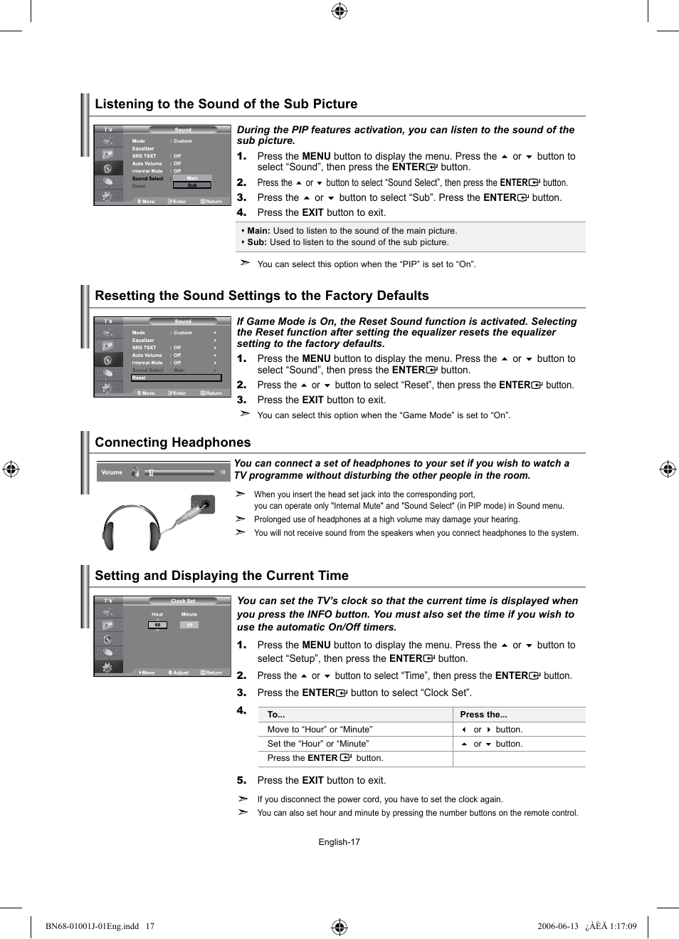 Listening to the sound of the sub picture, Connecting headphones, Setting the time | Setting and displaying the current time | Samsung LE32S71B User Manual | Page 19 / 187