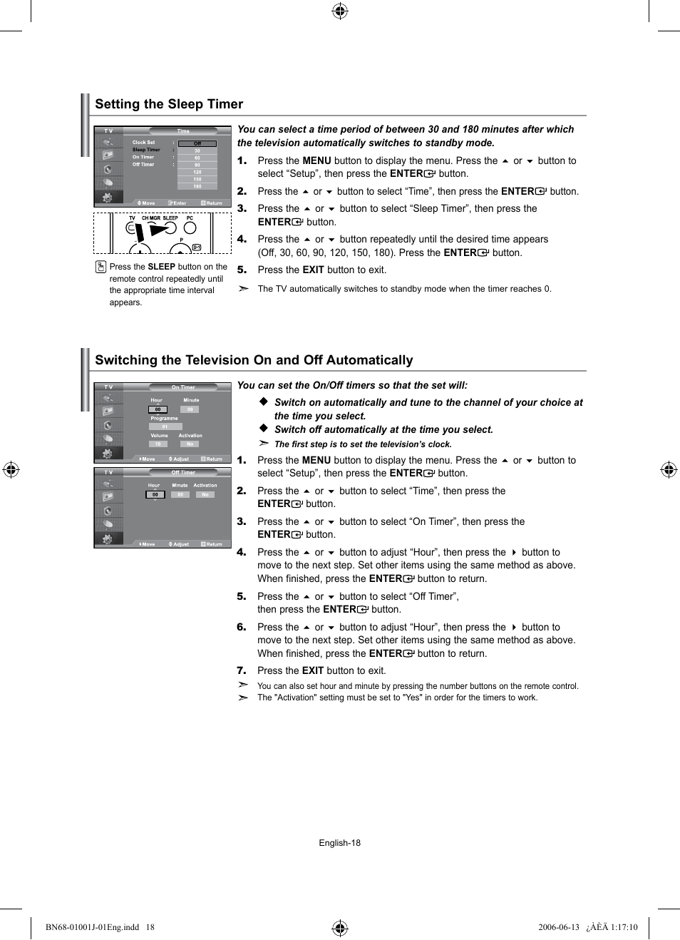 Setting the sleep timer, Switching the television on and off automatically | Samsung LE32S71B User Manual | Page 20 / 187