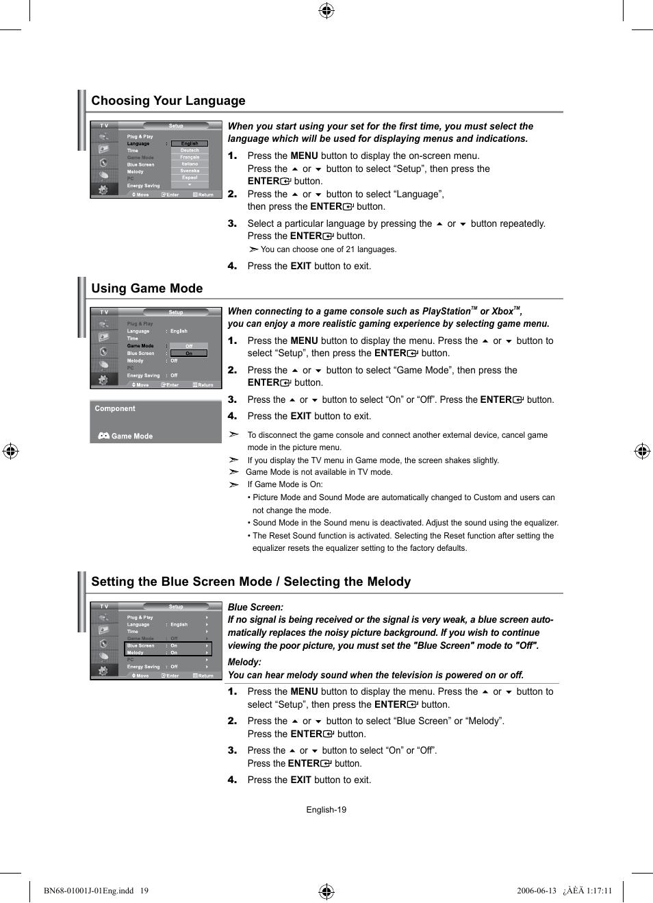 Setting the others, Choosing your language, Using game mode | Using game mode choosing your language | Samsung LE32S71B User Manual | Page 21 / 187