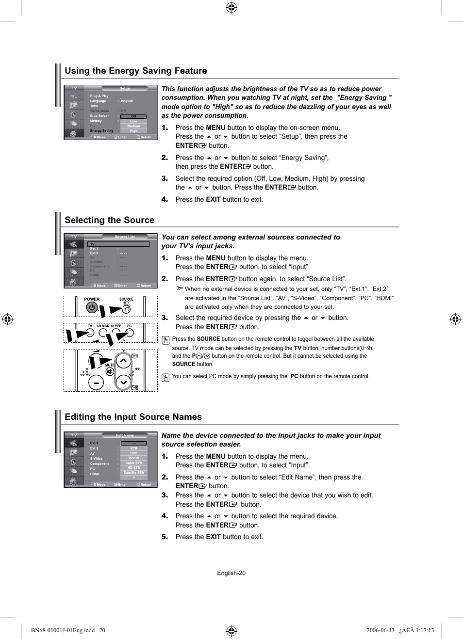 Using the energy saving feature, Selecting the source, Editing the input source names | Samsung LE32S71B User Manual | Page 22 / 187