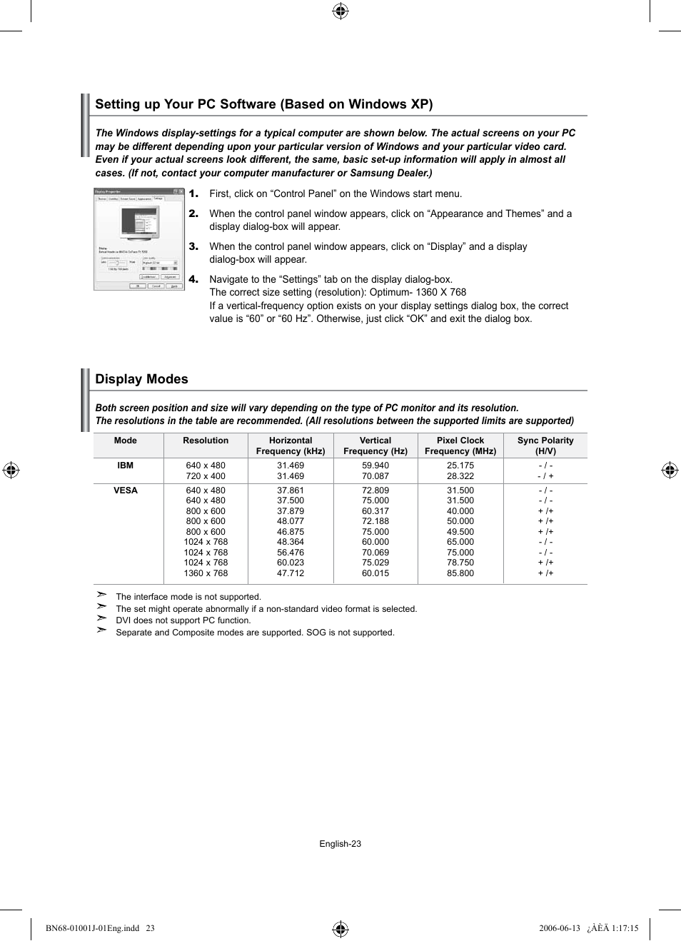 Setting the pc, Setting up your pc software (based on windows xp), Display modes | Samsung LE32S71B User Manual | Page 25 / 187