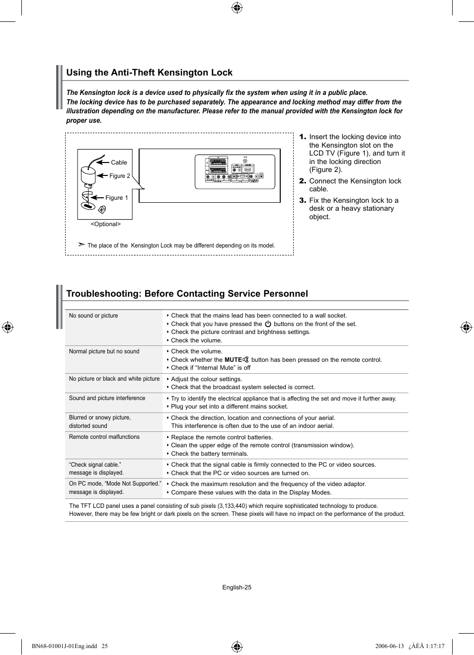 Recommendations for use, Using the anti-theft kensington lock | Samsung LE32S71B User Manual | Page 27 / 187