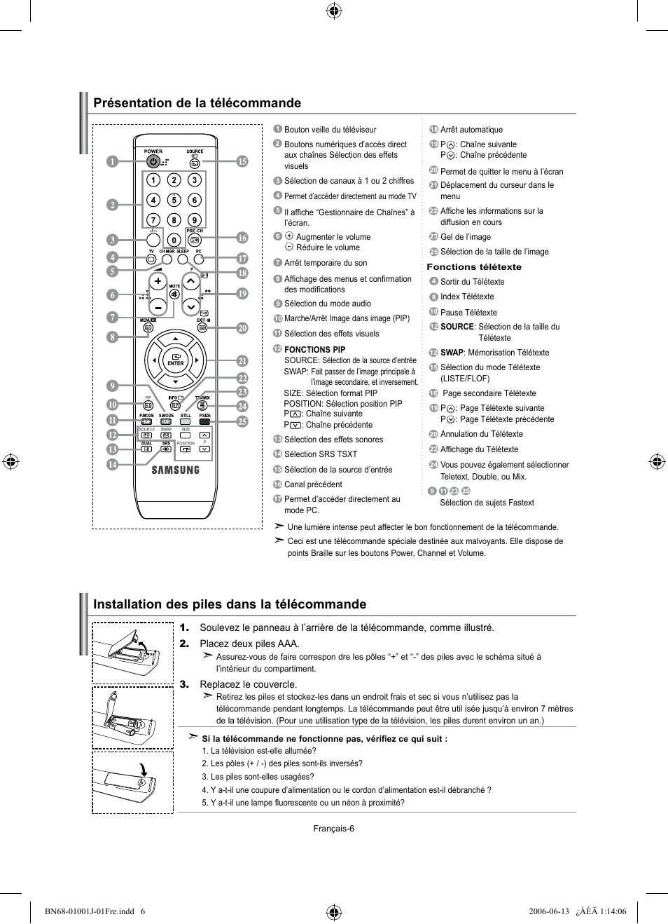 Installation des piles dans la télécommande, Présentation de la télécommande | Samsung LE32S71B User Manual | Page 34 / 187