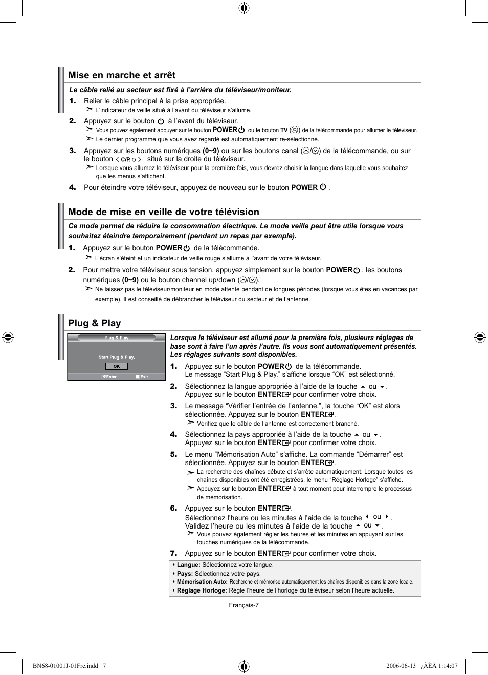 Mise en marche et arrêt, Mode de mise en veille de votre télévision, Plug & play | Samsung LE32S71B User Manual | Page 35 / 187
