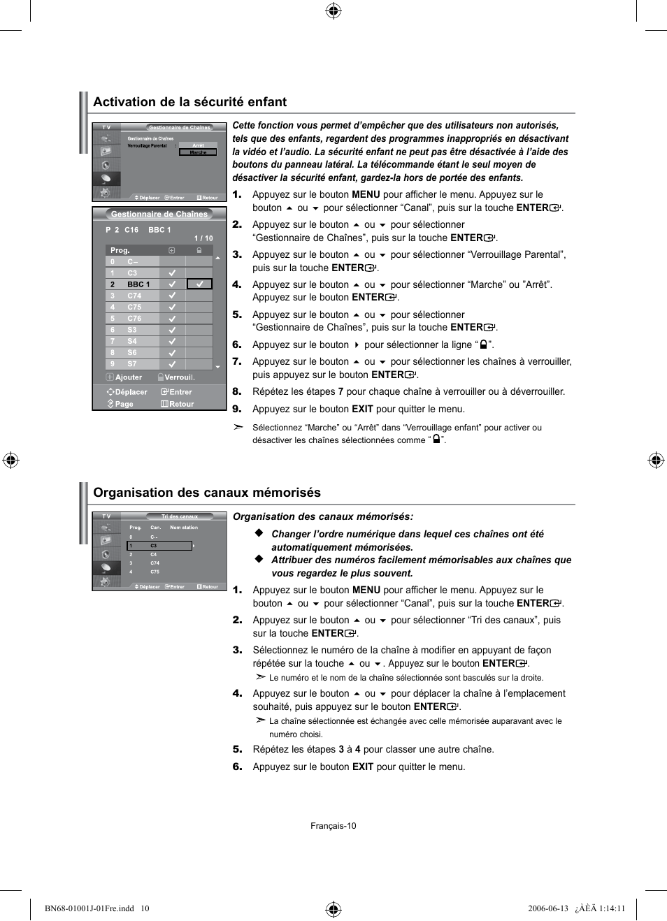 Organisation des canaux mémorisés, Activation de la sécurité enfant | Samsung LE32S71B User Manual | Page 38 / 187