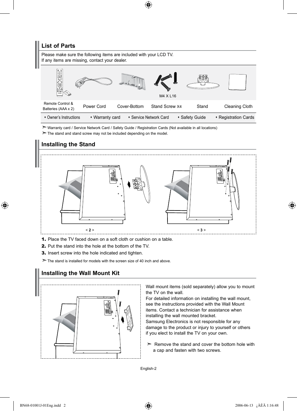 Connecting and preparing your tv, List of parts, Installing the stand | Installing the wall mount kit | Samsung LE32S71B User Manual | Page 4 / 187