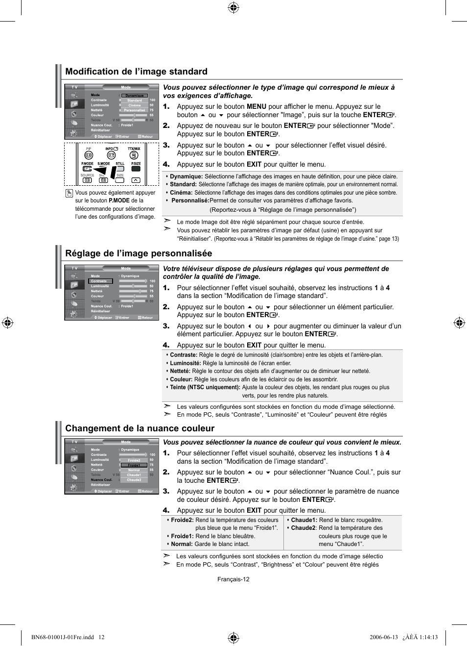 Modification de l’image standard, Réglage de l’image personnalisée, Changement de la nuance couleur | Samsung LE32S71B User Manual | Page 40 / 187
