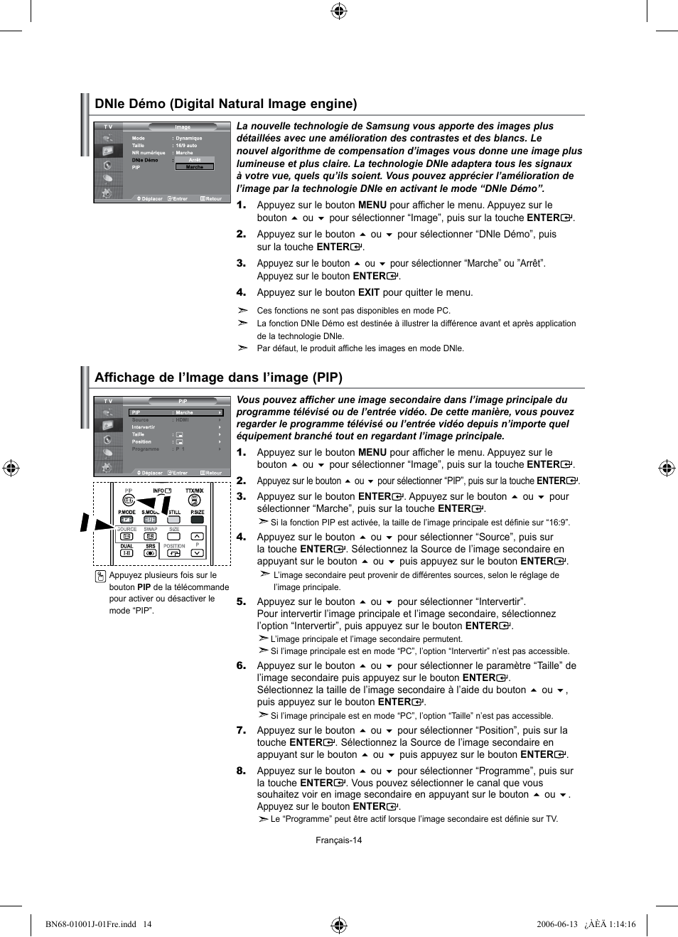 Dnle démo (digital natural image engine), Affichage de l’image dans l’image (pip) | Samsung LE32S71B User Manual | Page 42 / 187