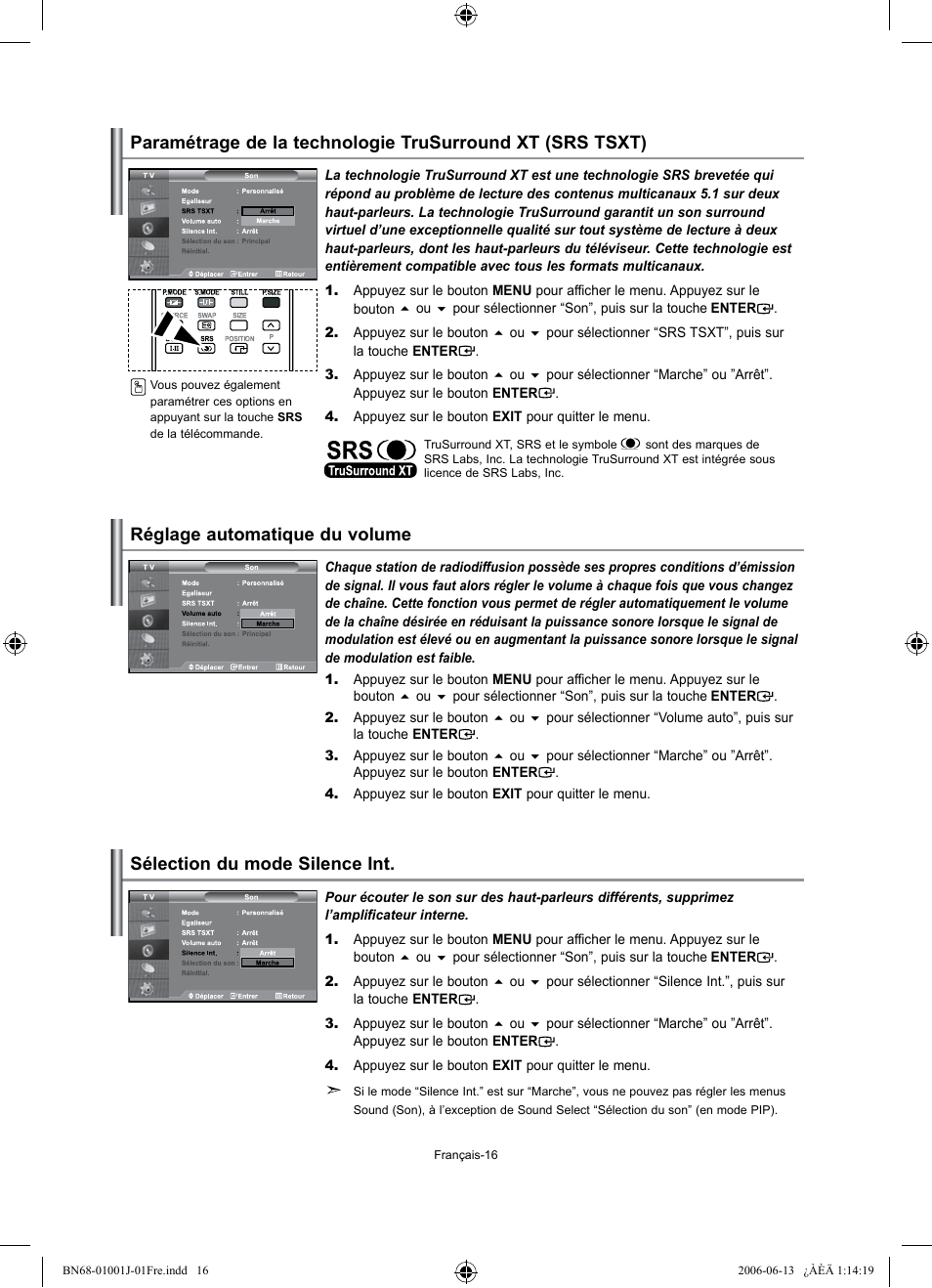 Réglage automatique du volume, Sélection du mode silence int | Samsung LE32S71B User Manual | Page 44 / 187