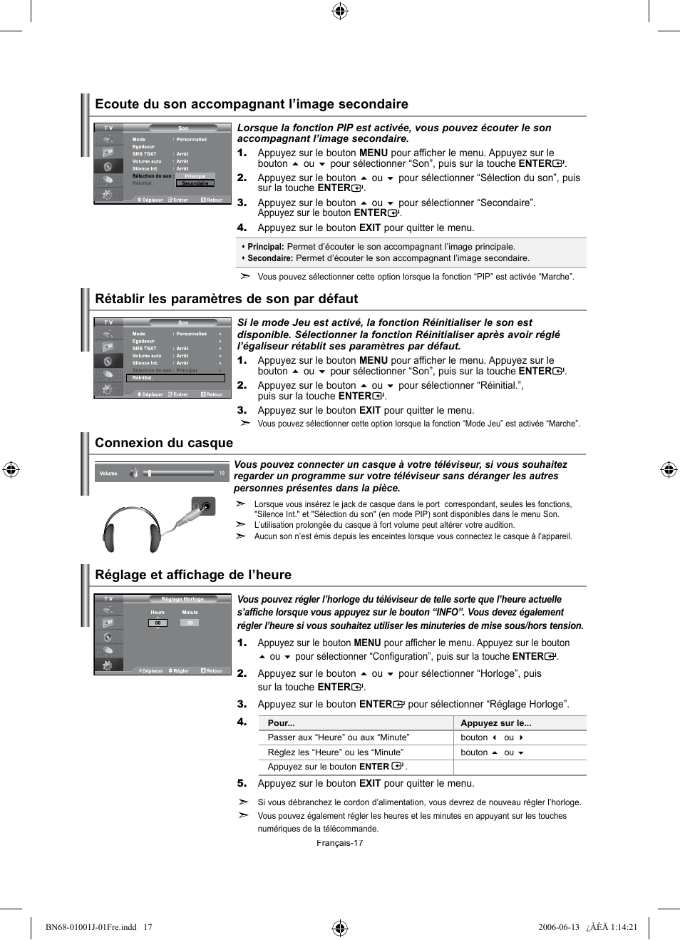 Rétablir les paramètres de son par défaut, Connexion du casque | Samsung LE32S71B User Manual | Page 45 / 187