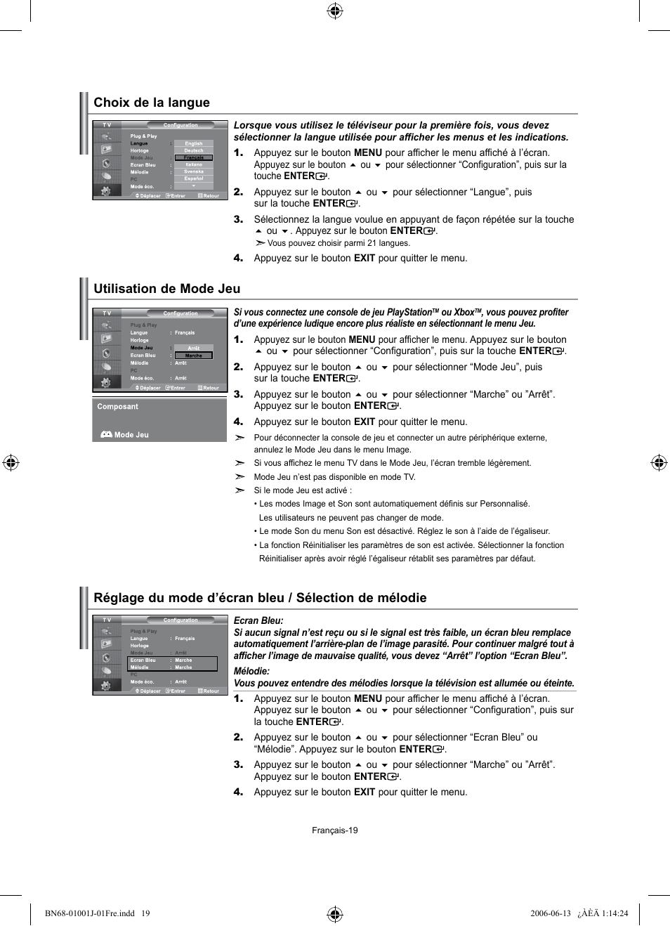 Choix de la langue, Utilisation de mode jeu | Samsung LE32S71B User Manual | Page 47 / 187