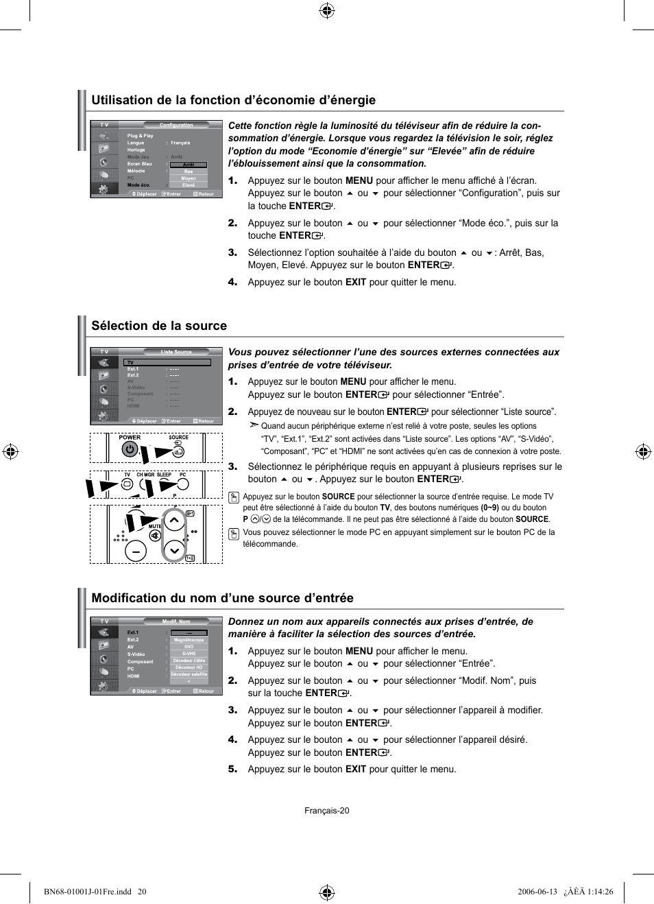 Utilisation de la fonction d’économie d’énergie, Sélection de la source, Modification du nom d’une source d’entrée | Samsung LE32S71B User Manual | Page 48 / 187