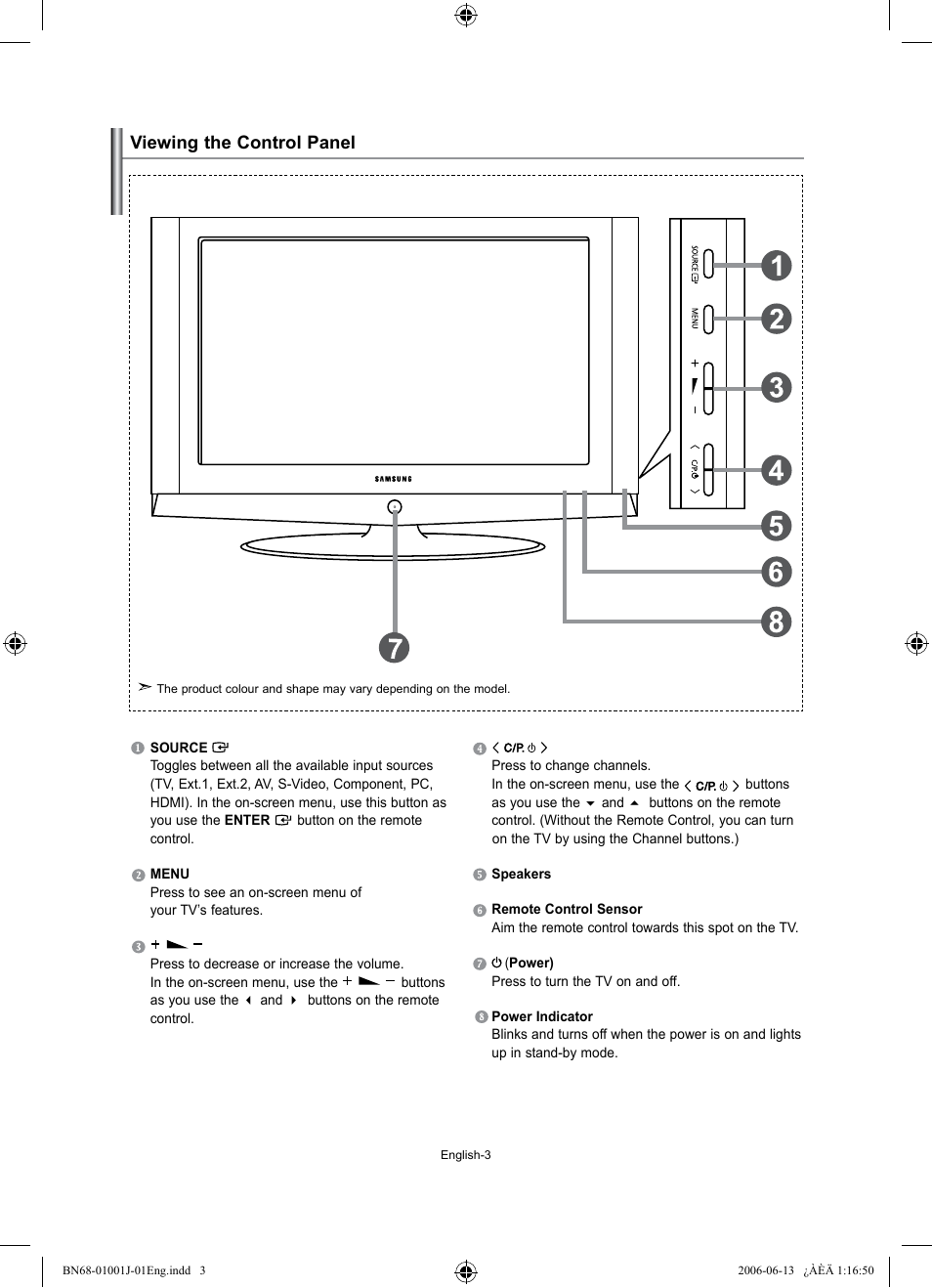 Viewing the control panel | Samsung LE32S71B User Manual | Page 5 / 187