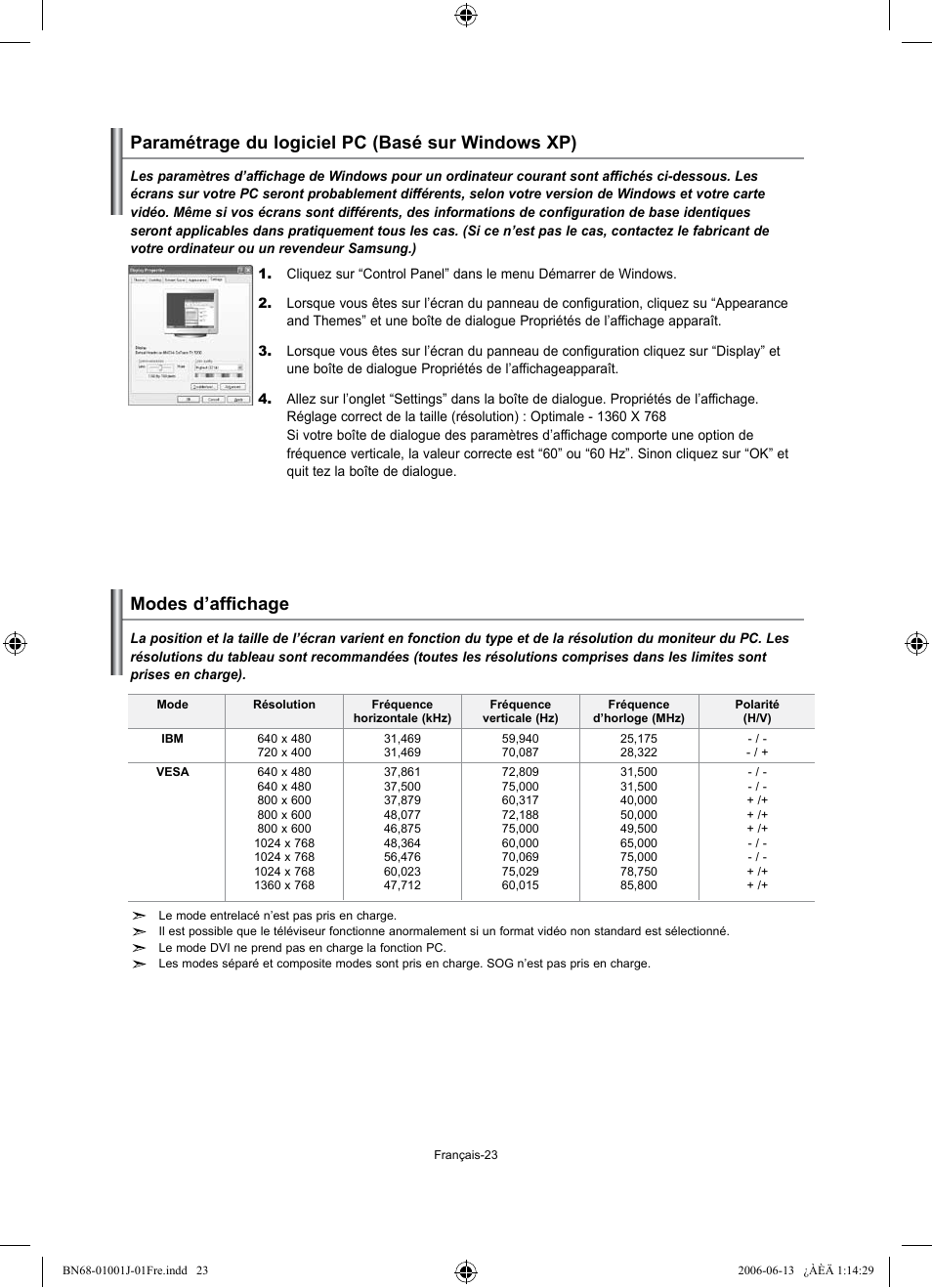 Paramétrage du logiciel pc (basé sur windows xp), Modes d’affichage | Samsung LE32S71B User Manual | Page 51 / 187