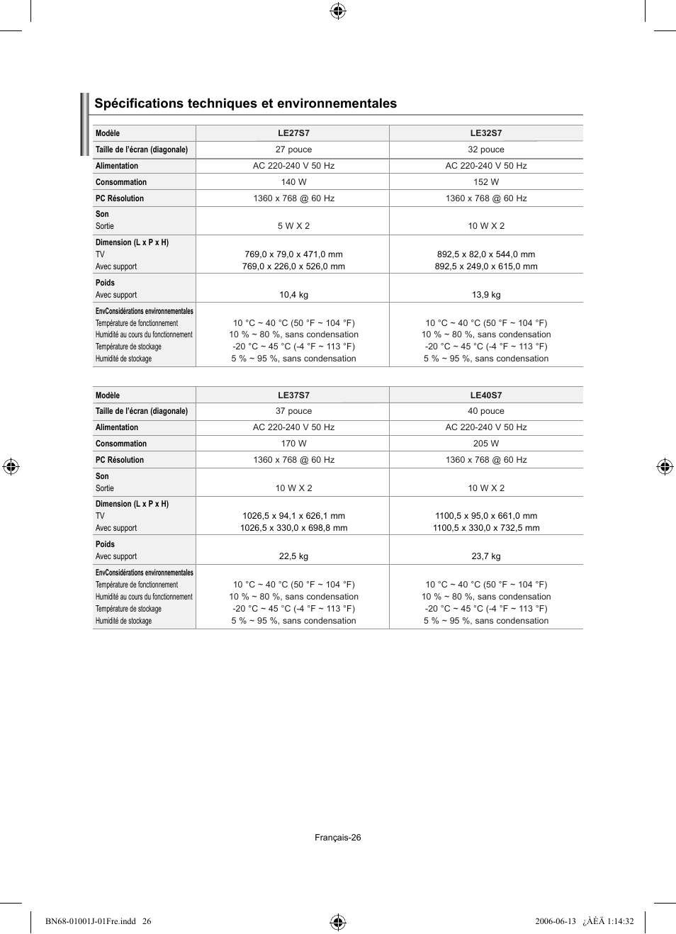Spécifications techniques et environnementales | Samsung LE32S71B User Manual | Page 54 / 187