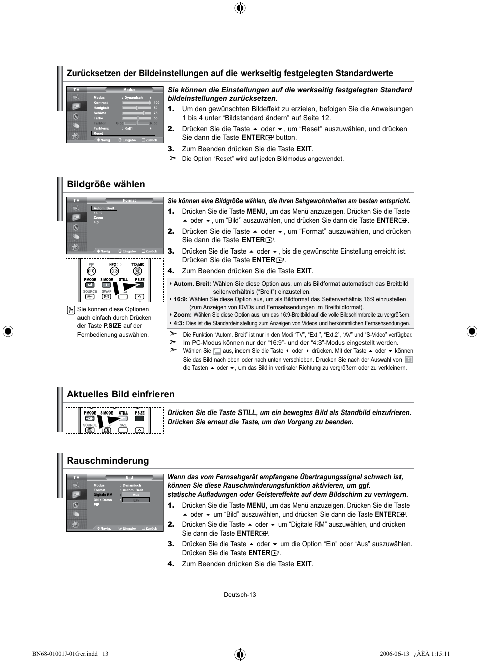 Bildgröße wählen aktuelles bild einfrieren, Rauschminderung | Samsung LE32S71B User Manual | Page 67 / 187