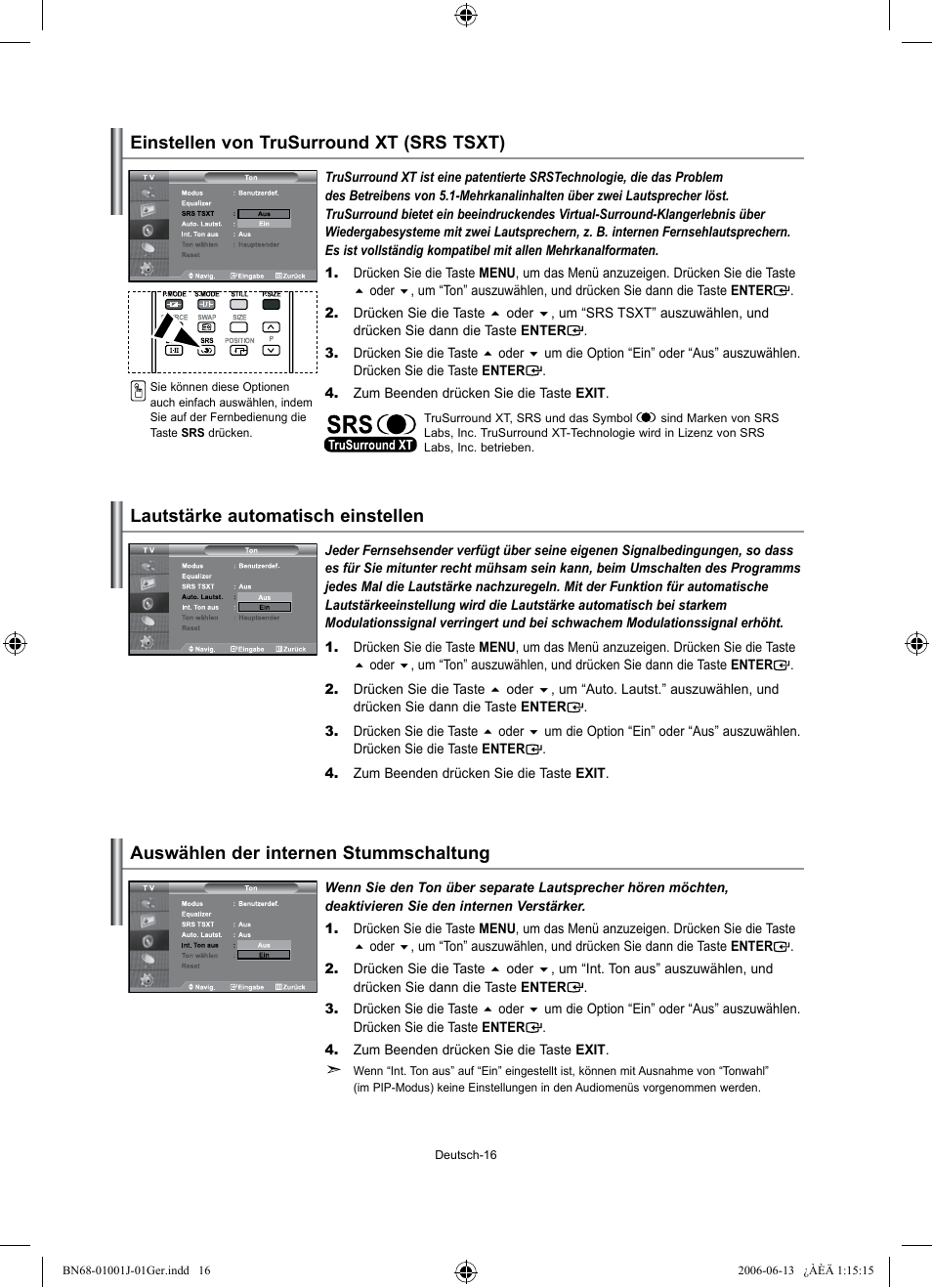 Auswählen der internen stummschaltung | Samsung LE32S71B User Manual | Page 70 / 187