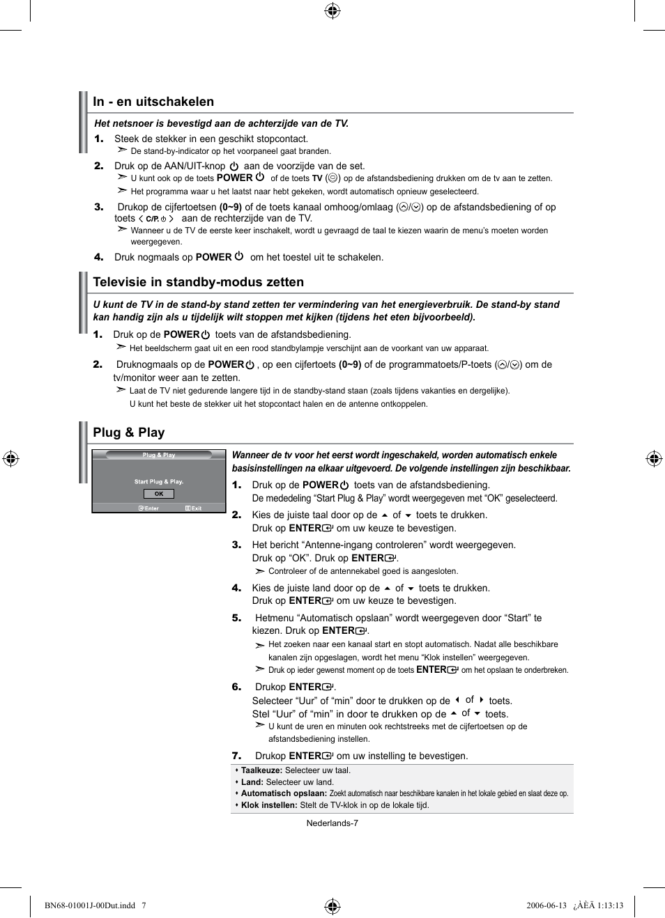 Televisie in standby-modus zetten, Plug & play | Samsung LE32S71B User Manual | Page 87 / 187