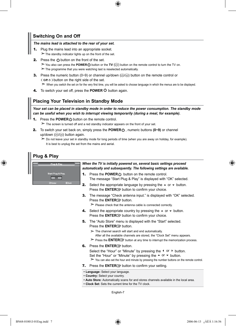 Switching on and off, Placing your television in standby mode, Plug & play | Samsung LE32S71B User Manual | Page 9 / 187