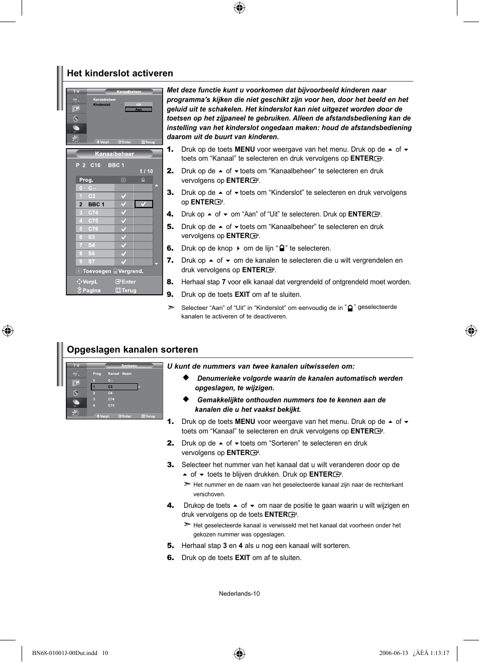 Opgeslagen kanalen sorteren, Het kinderslot activeren | Samsung LE32S71B User Manual | Page 90 / 187