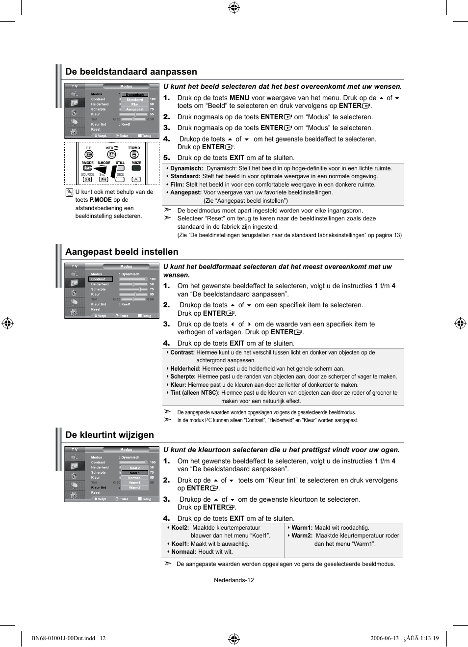 De beeldstandaard aanpassen, De kleurtint wijzigen, Aangepast beeld instellen | Samsung LE32S71B User Manual | Page 92 / 187