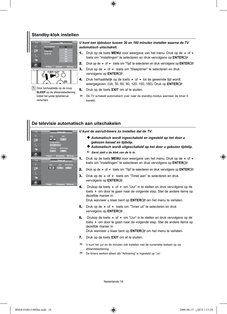 Standby-klok instellen, De televisie automatisch aan uitschakelen | Samsung LE32S71B User Manual | Page 98 / 187