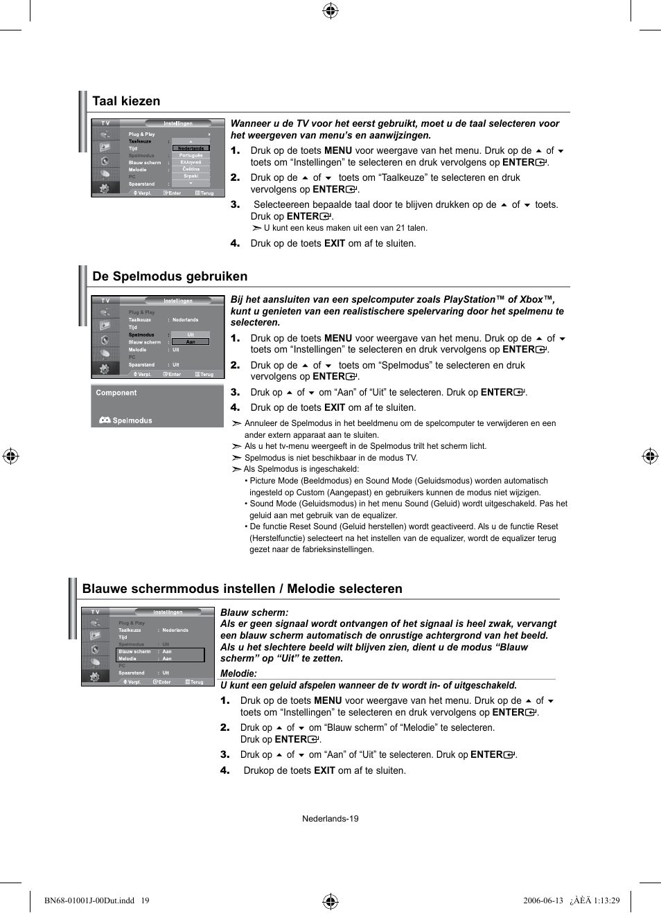 Taal kiezen, De spelmodus gebruiken, Blauwe schermmodus instellen / melodie selecteren | Samsung LE32S71B User Manual | Page 99 / 187