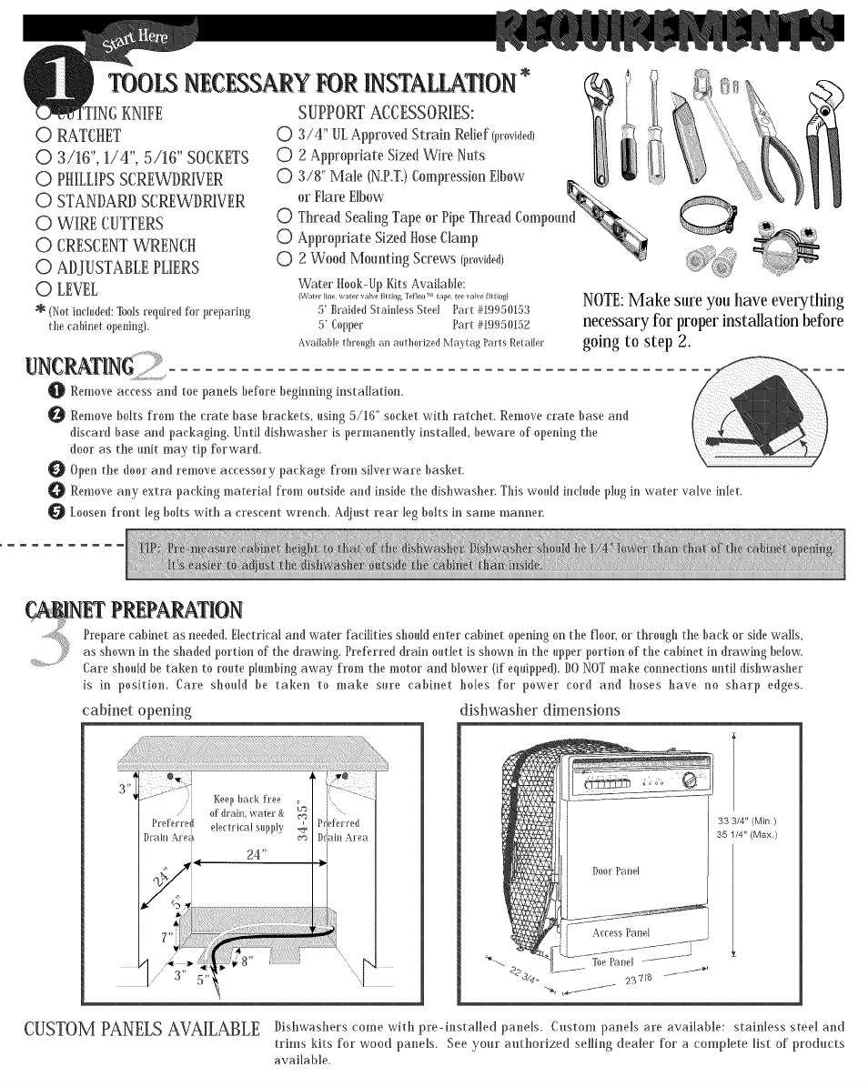 Took micissaiy tor instauation, Uncrating, Support accessories: o | Custom panels available | Amana L0503010 User Manual | Page 2 / 6