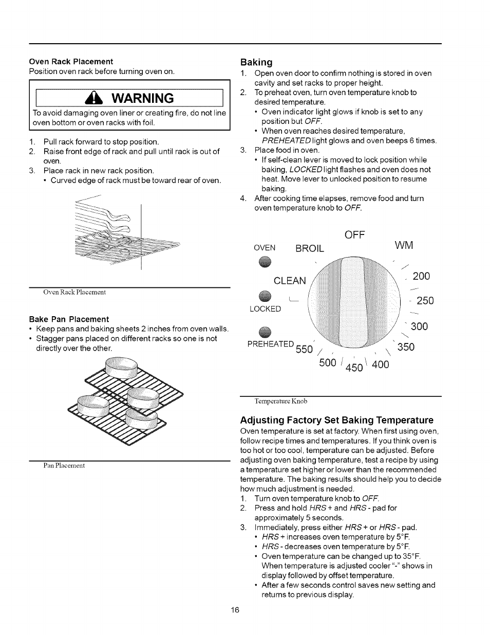 Baking, Adjusting factory set baking temperature, À warning | Amana ART6002 User Manual | Page 16 / 28