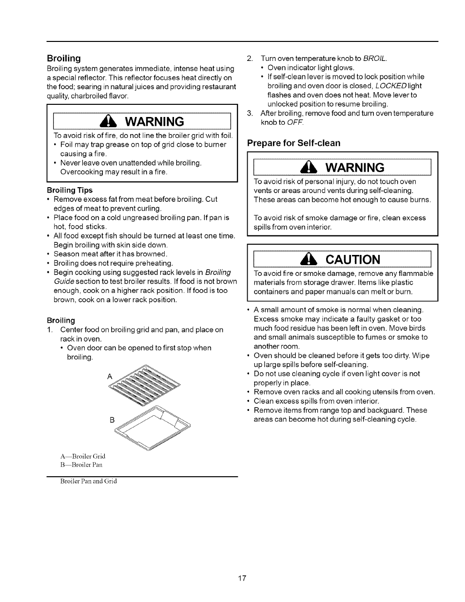 Broiling, À warning, Prepare for self-clean | À caution, Broiling prepare for self-clean | Amana ART6002 User Manual | Page 17 / 28