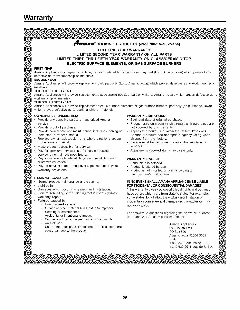 Warranty | Amana ART6002 User Manual | Page 25 / 28