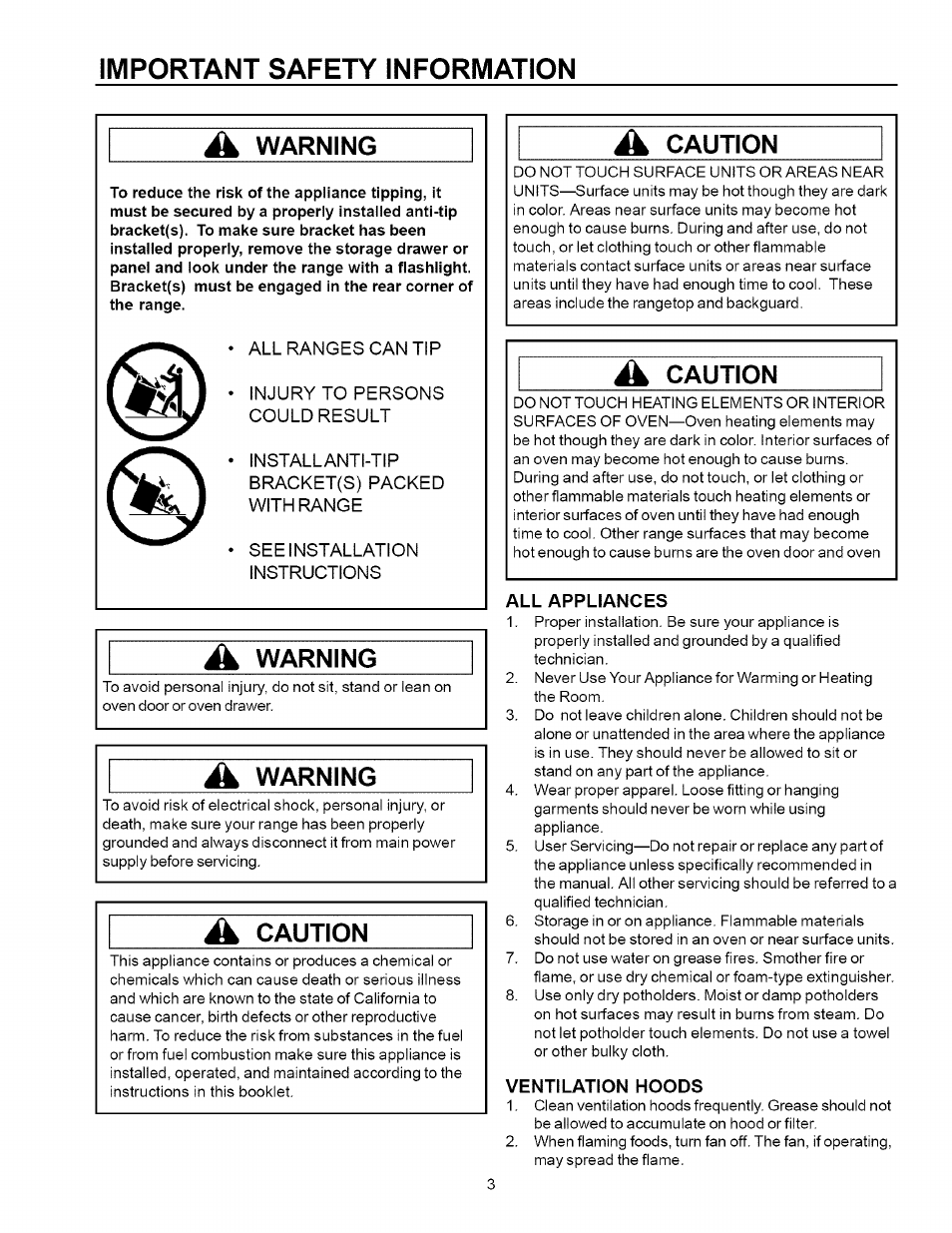 Important safety information, À warning, A warning | À caution, All appliances, Ventilation hoods, All appliances ventilation hoods, Important safety information à warning, Warning | Amana ART6002 User Manual | Page 3 / 28